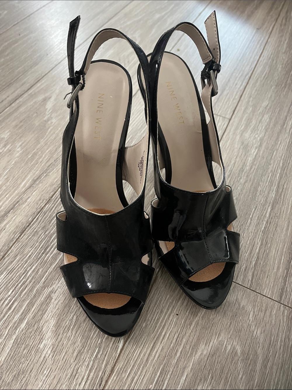Nine West Black Patent Open-Toe Slingback Heels